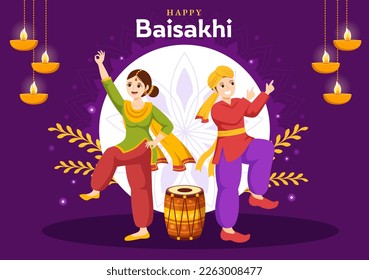 Happy Baisakhi Illustration with Vaisakhi Punjabi Spring Harvest Festival of Sikh celebration in Flat Cartoon Hand Drawn for Landing Page Templates