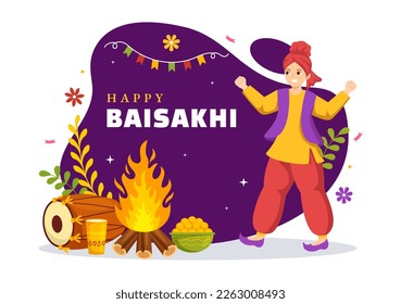 Happy Baisakhi Illustration with Vaisakhi Punjabi Spring Harvest Festival of Sikh celebration in Flat Cartoon Hand Drawn for Landing Page Templates