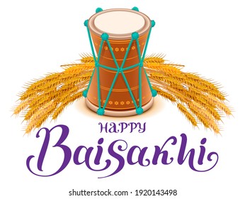 Happy Baisakhi indian harvest festival. Drum and ears of corn rice template greeting card lettering text. Vector cartoon illustration isolated on white