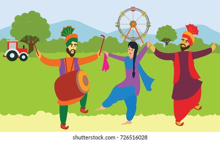Happy Baisakhi. Man and woman performing Bhangra folk dance of Punjab. Indian cultural festival celebration concept illustration vector.
