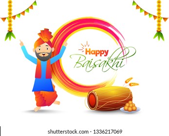 Happy Baisakhi poster or banner design, punjabi man dancing and festival elements. 