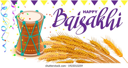 Happy Baisakhi text greeting card. Indian harvest festival drum and wheat rice. Vector cartoon illustration