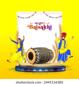 Happy Baisakhi text with podium stage for product display. Indian Punjabi sikh harvest festival.