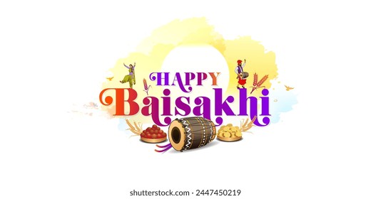 Happy Baisakhi Typography with punjabi sikh family dance, party and celebration background.