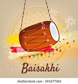 Happy Baisakhi, Vector Illustration based on colorful grungy background with Dhol or Dholak on the occasion of Pujabi Festival Vaisakhi.