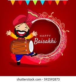 Happy Baisakhi, Vector Illustration based on Happy Man dancing showing celebration with Dhol and Vintage Floral Frame.