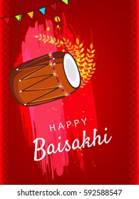 Happy Baisakhi, Vector Illustration Greeting Card design based on colorful grungy background with Dhol and Grains on the occasion of Punjabi Festival Baisakhi.