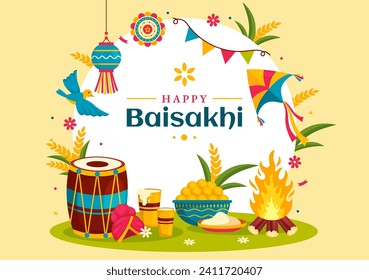 Feliz Vector baisakhi Ilustración del Festival de la Vendimia de la Primavera de Vaisakhi, de la celebración sij con tambor y cometa en el fondo de la caricatura navideña