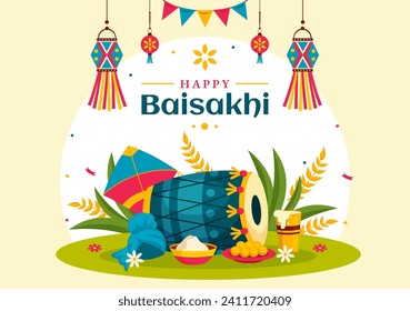Happy Baisakhi Vector Illustration of Vaisakhi Punjabi Spring Harvest Festival of Sikh Celebration with Drum and Kite in Holiday Cartoon Background