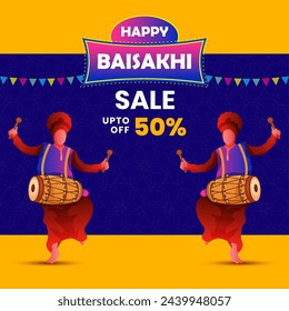 Happy Baishakhi Sale Illustration With Men Dancing  and Playing Dhol