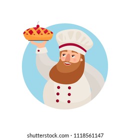
A happy baker with a beard presents a freshly baked cherry pie