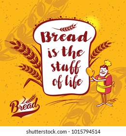 Happy baker cartoon character presenting a freshly baked loaf of bread and slogan