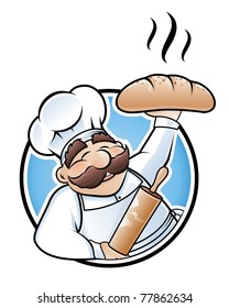 Happy baker cartoon character presenting a freshly baked loaf of bread