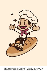 Happy Baker Flying with Bread in Vintage Style