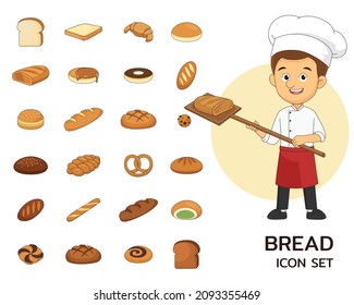Happy baker holding breads concept flat icons.