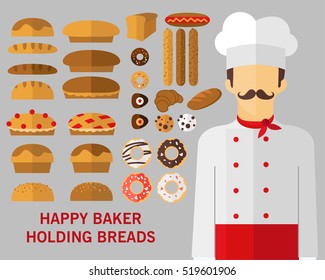 happy baker holding breads concept background. Flat icons.
