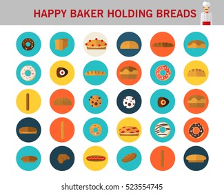 happy baker holding breads concept flat icons.