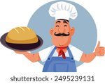 
Happy Baker Holding a Freshly Baked Product Vector Cartoon. Senior cook presenting a bakery product 
