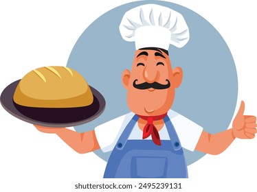 
Happy Baker Holding a Freshly Baked Product Vector Cartoon. Senior cook presenting a bakery product 
