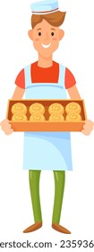 Happy baker with pastry box. Cartoon professional character isolated on white background