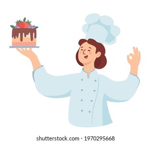 Happy Baker with tasty cake in her hand. Cooking concept. Flat vector illustration