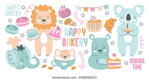 Happy bakery set with funny kawaii animals characters holding sweets desserts tasty sugar snacks. Lovely mascot adorable zoo, forest creature, pets with cupcakes, cakes and cookies vector illustration