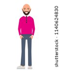Happy bald and bearded man isolated on white background vector illustration. People of the character in a flat design. A handsome bald man with a beard in a pink shirt and trousers