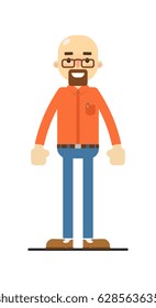Happy bald and bearded man isolated on white background vector illustration. People personage in flat design.