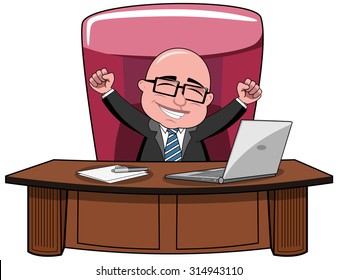 Happy Bald Cartoon Businessman Boss Sitting At Desk And Exulting Isolated 