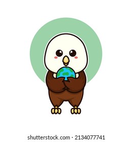 happy bald eagle bird and earth planet adorable cartoon doodle vector illustration flat design style