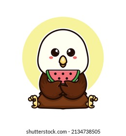 happy bald eagle bird eat watermelon fruit adorable cartoon doodle vector illustration flat design style
