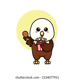 happy bald eagle eat chicken drumstick adorable cartoon doodle vector illustration flat design style
