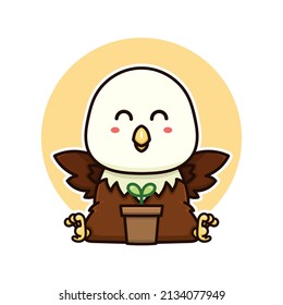 happy bald eagle and plant tree nature adorable cartoon doodle vector illustration flat design style