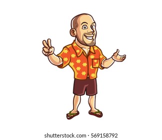 Happy Bald Man Summer Tourist Cartoon Character 