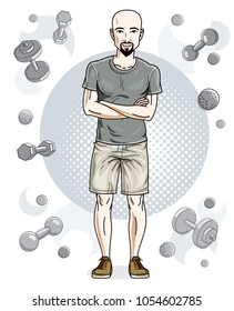 Happy bald young adult man with beard and mustaches standing on simple background with dumbbells and barbells. Vector character, sport and fitness theme.
