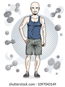 Happy bald young adult man with beard and mustaches standing on simple background with dumbbells and barbells. Vector character, sport and fitness theme.