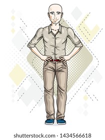 Happy bald young adult man standing. Vector character wearing casual clothes like jeans and cotton shirt.
