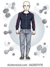 Happy bald young adult man standing on simple background with dumbbells and barbells. Vector character, sport and fitness theme.