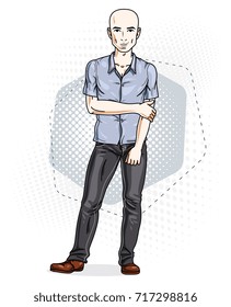 Happy bald young adult man standing. Vector character wearing casual clothes like jeans and cotton shirt.