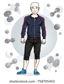 Happy bald young adult man standing on simple background with dumbbells and barbells. Vector character, sport and fitness theme.