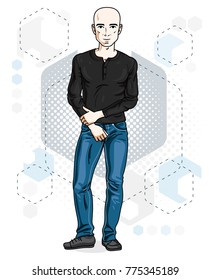 Happy bald young adult man standing. Vector character wearing casual clothes like jeans and shirt.