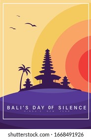 Happy Bali's Day of Silence and Hindu New Year Vector Illustration with Pura Ulun Background, Nyepi Day and Hari Raya Saka Poster Banner and Other Usage, Holy Bali Holy Place Indonesia, Hindu Ceremony