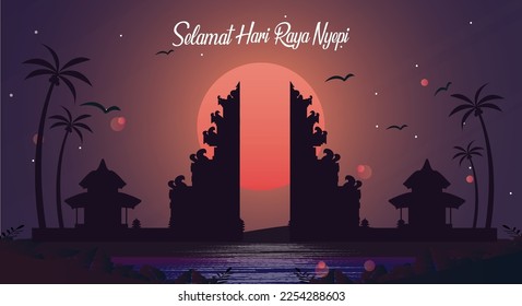 Happy Bali's Day of Silence and Hindu New Year Vector Illustration with Pura Ulun Background, Nyepi Day and Hari Raya Saka Poster Banner and Other Usage, Holy Bali Holy Place Indonesia, Hindu Ceremony