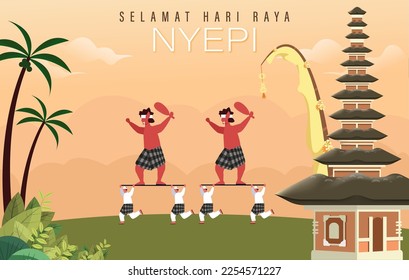 Happy Bali's Day of Silence and Hindu New Year Vector Illustration, Nyepi Day and Hari Raya Saka, Hindu Ceremony