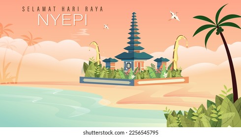 Happy Bali's Day of Silence and Hindu New Year Vector Illustration, Nyepi Day and Hari Raya Saka, Hindu Ceremony