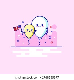 Happy balloon character holding the Flag of the USA. Happy Independence Day 4th July national color, American Flag design for greeting cards, posters, banner, leaflets, brochure. Vector illustration.