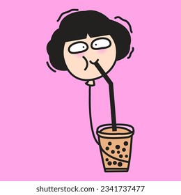 A Happy Balloon Head Girl Drinking A Bubble Milk Tea. Sugar Addiction Concept Card Character illustration