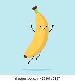 Happy banana cartoon raising both hands in a fun, energetic pose. Flat style perfect for children's illustrations and healthy lifestyle campaigns