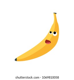 Happy banana laughing flat vector illustration isolated. Adorable cartoon funny character icon. Healthy fresh food symbol. Exotic fruits logo. Childish cute yellow banana. Eating tropical vitamins 