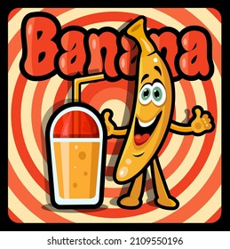 Happy banana with banana shake banner. retro poster with fruit. vintage flyer